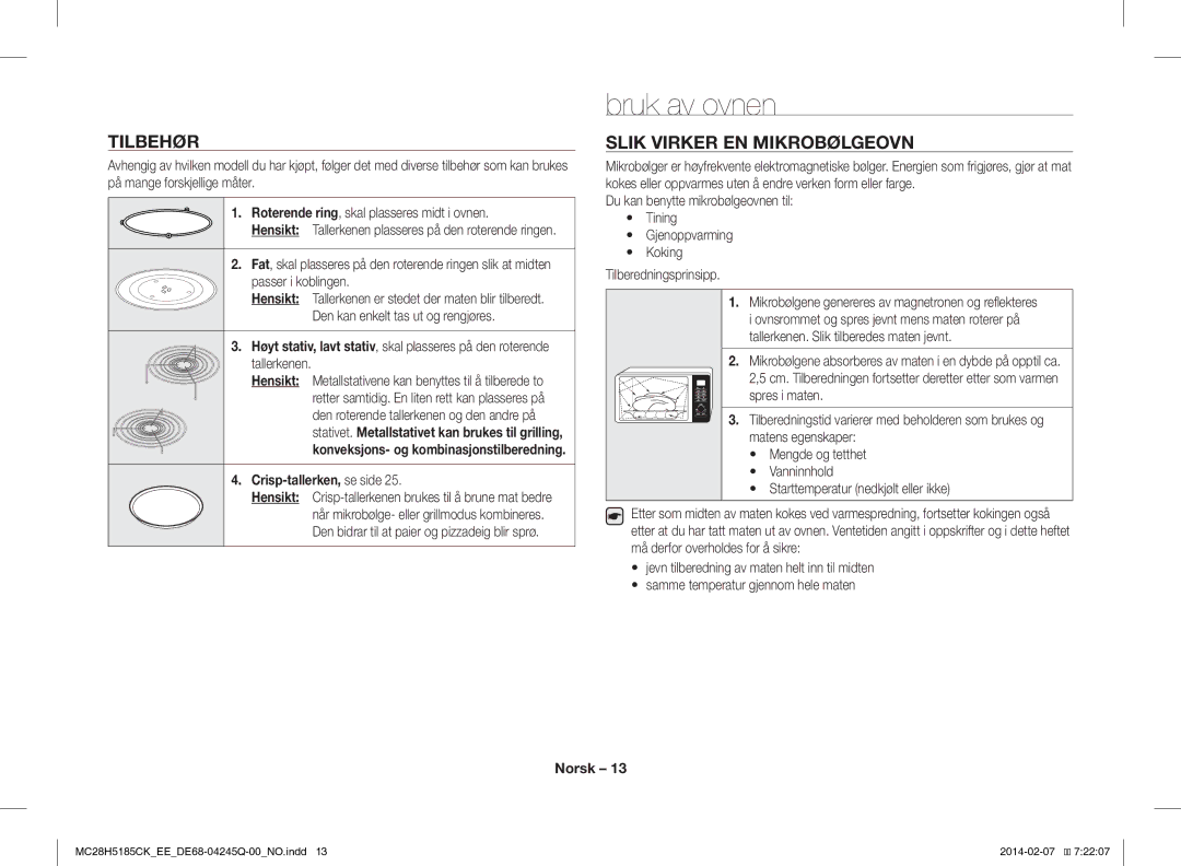 Samsung MC28H5185CK/EE Bruk av ovnen, Tilbehør, Slik Virker EN Mikrobølgeovn, Crisp-tallerken, se side, Ovnsfunksjoner 