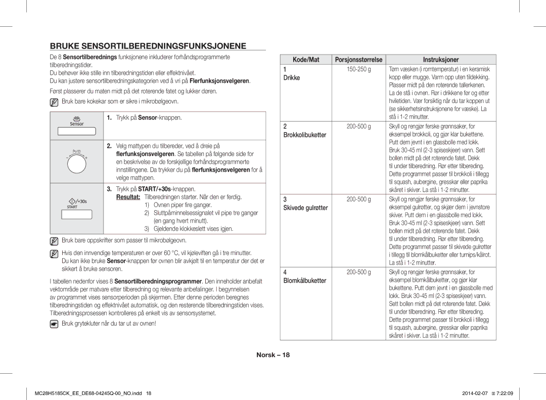 Samsung MC28H5185CK/EE manual Bruke Sensortilberedningsfunksjonene 