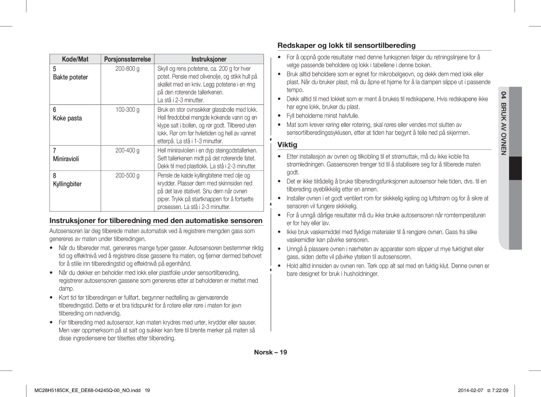 Samsung MC28H5185CK/EE manual Instruksjoner for tilberedning med den automatiske sensoren, Viktig 