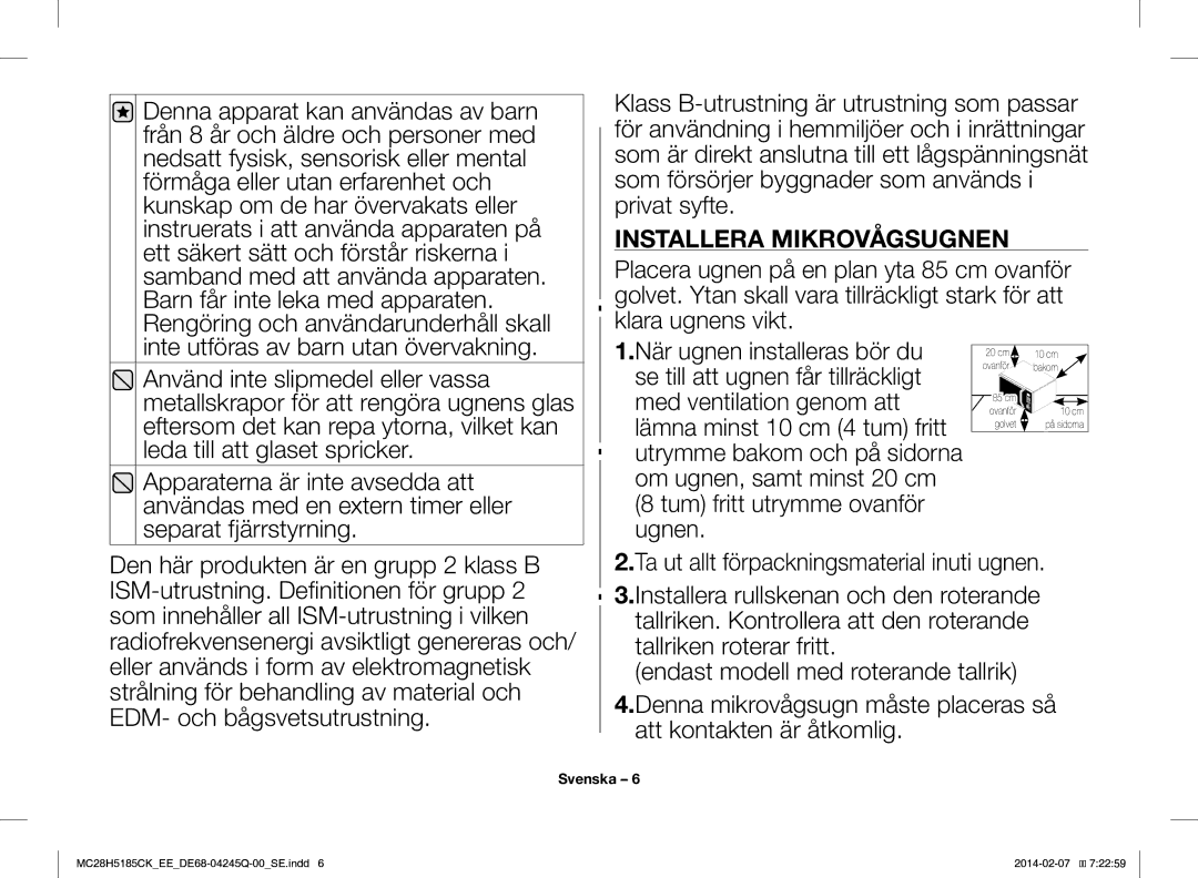 Samsung MC28H5185CK/EE manual Installera Mikrovågsugnen 