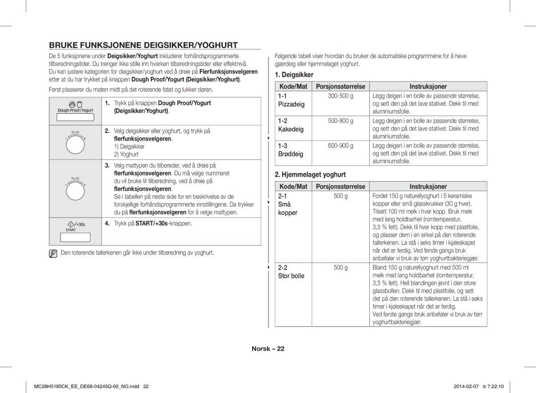 Samsung MC28H5185CK/EE manual Bruke Funksjonene DEIGSIKKER/YOGHURT, Deigsikker, Hjemmelaget yoghurt 