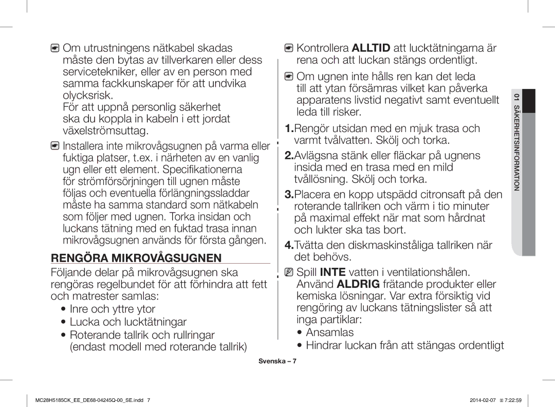 Samsung MC28H5185CK/EE manual Rengöra Mikrovågsugnen 