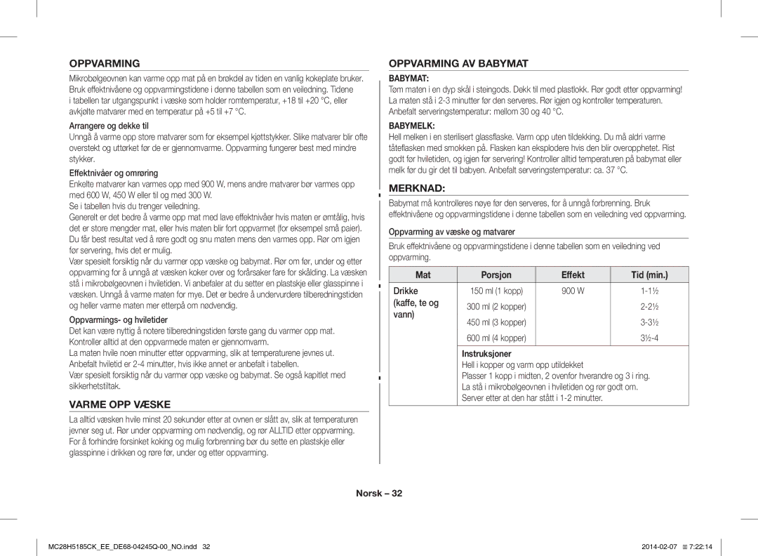 Samsung MC28H5185CK/EE manual Varme OPP Væske, Oppvarming AV Babymat, Merknad 