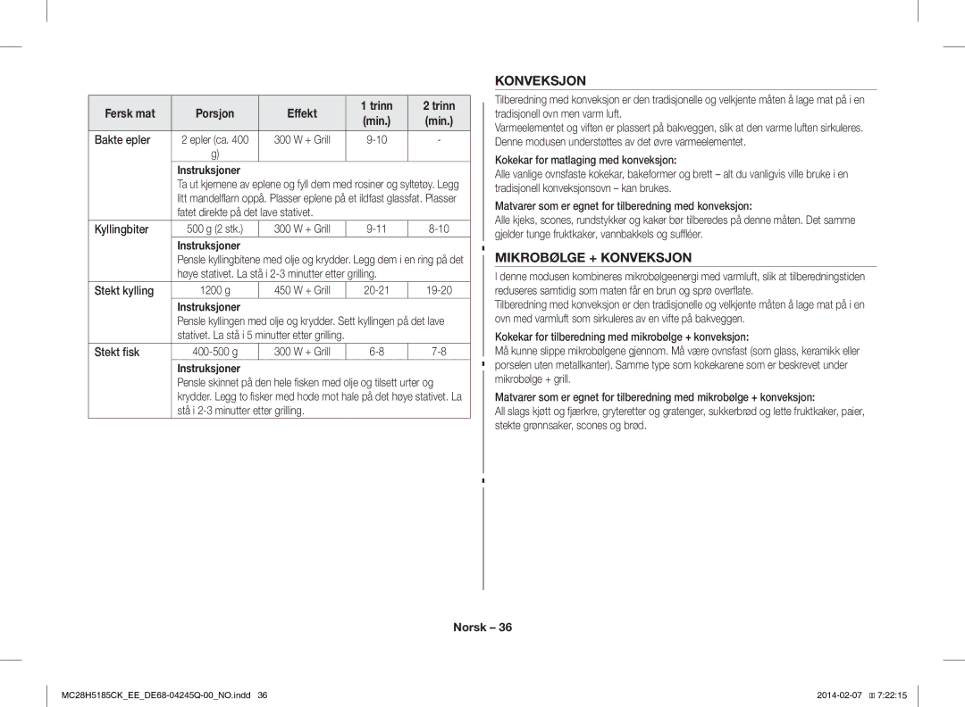 Samsung MC28H5185CK/EE manual Mikrobølge + Konveksjon, Bakte epler, Fatet direkte på det lave stativet Kyllingbiter 