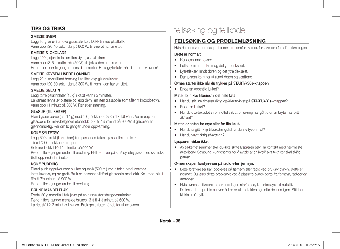 Samsung MC28H5185CK/EE manual Feilsøking og feilkode, Feilsøking OG Problemløsning, Tips OG Triks 