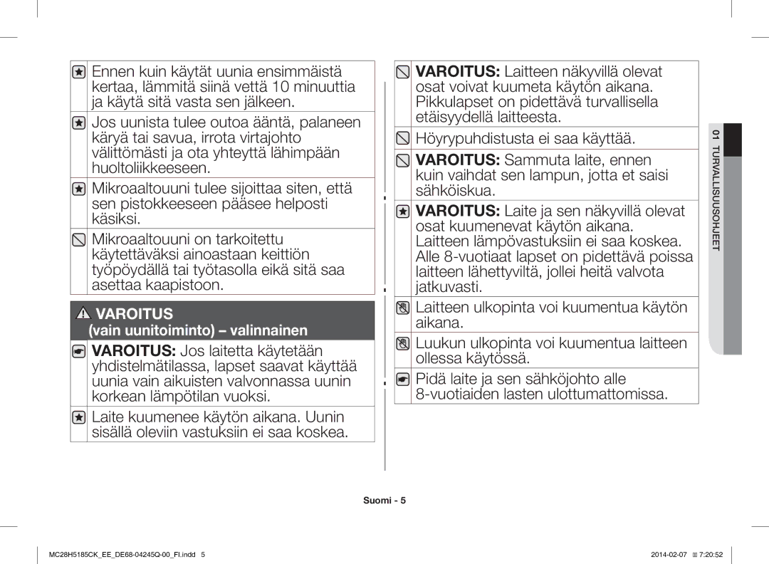 Samsung MC28H5185CK/EE manual Varoitus 