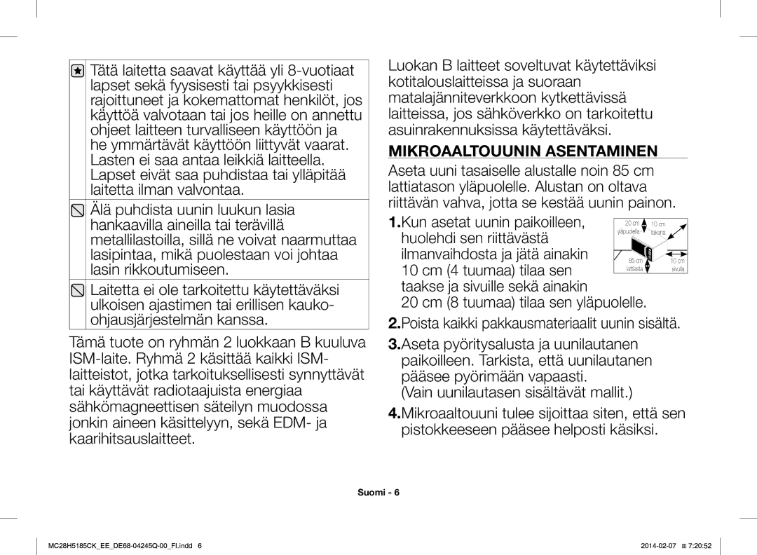 Samsung MC28H5185CK/EE manual Mikroaaltouunin Asentaminen 