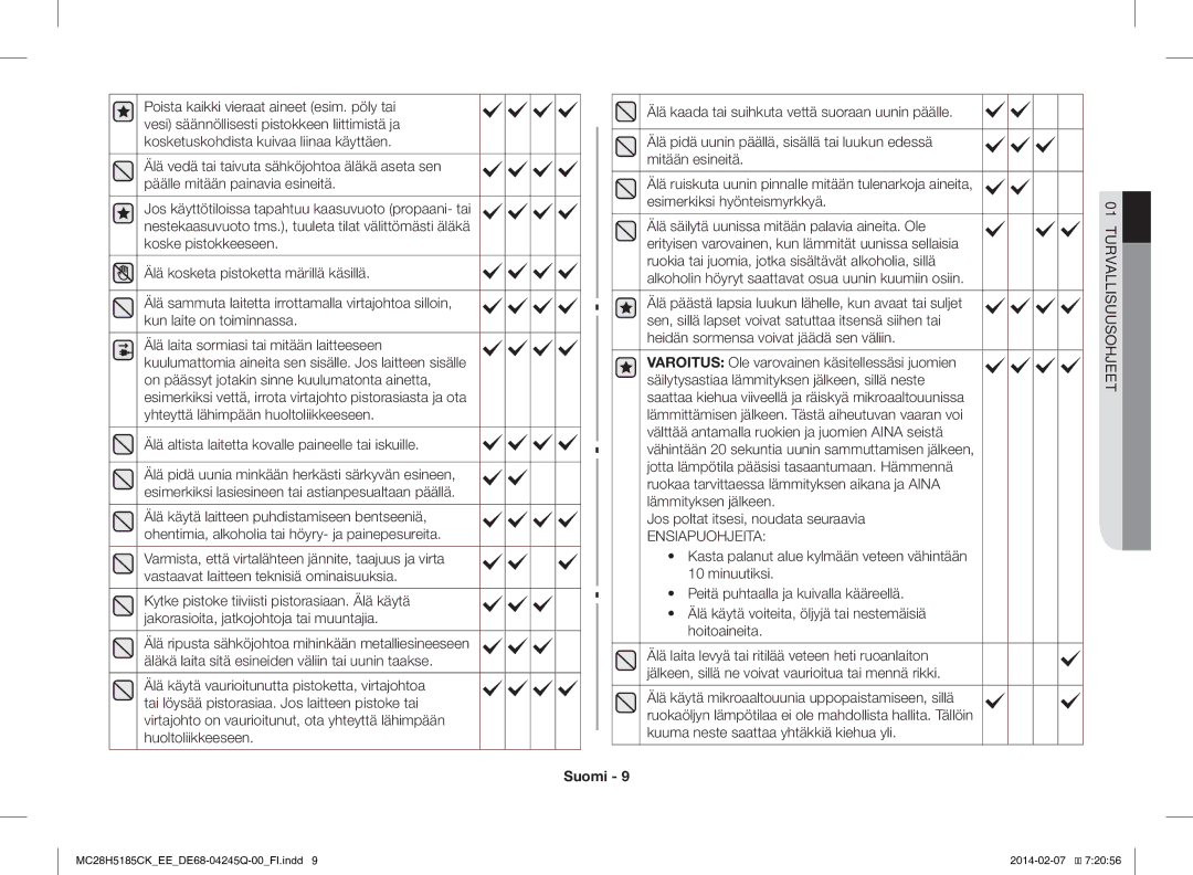 Samsung MC28H5185CK/EE manual Älä altista laitetta kovalle paineelle tai iskuille, Ensiapuohjeita 