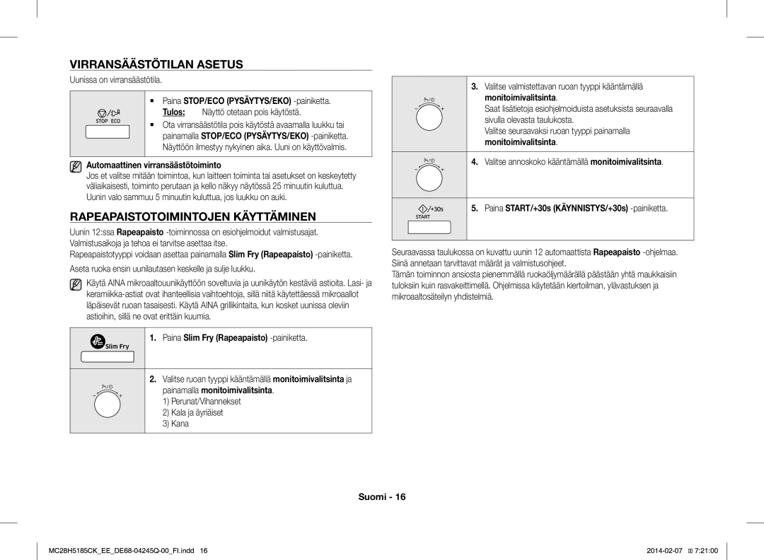 Samsung MC28H5185CK/EE manual Virransäästötilan Asetus, Rapeapaistotoimintojen Käyttäminen 