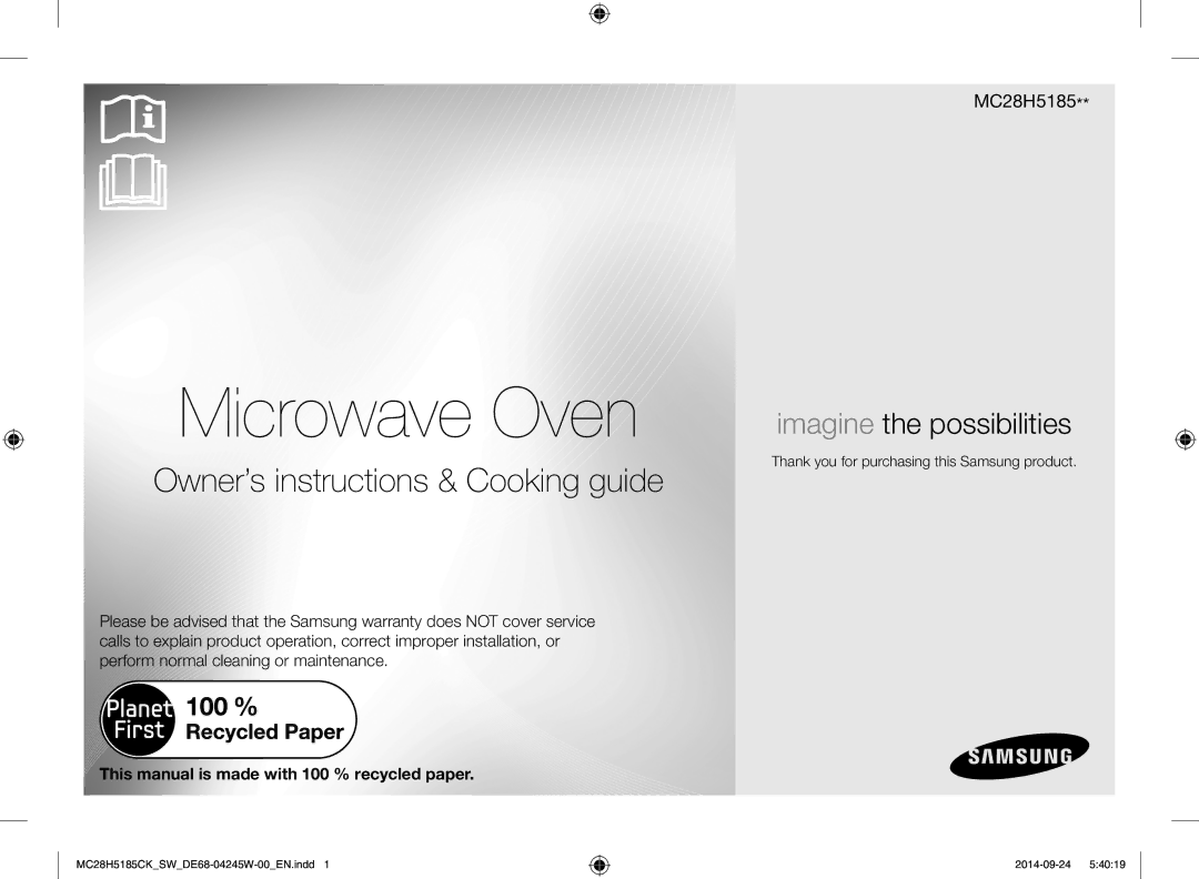 Samsung MC28H5185CK/SW manual This manual is made with 100 % recycled paper, Thank you for purchasing this Samsung product 