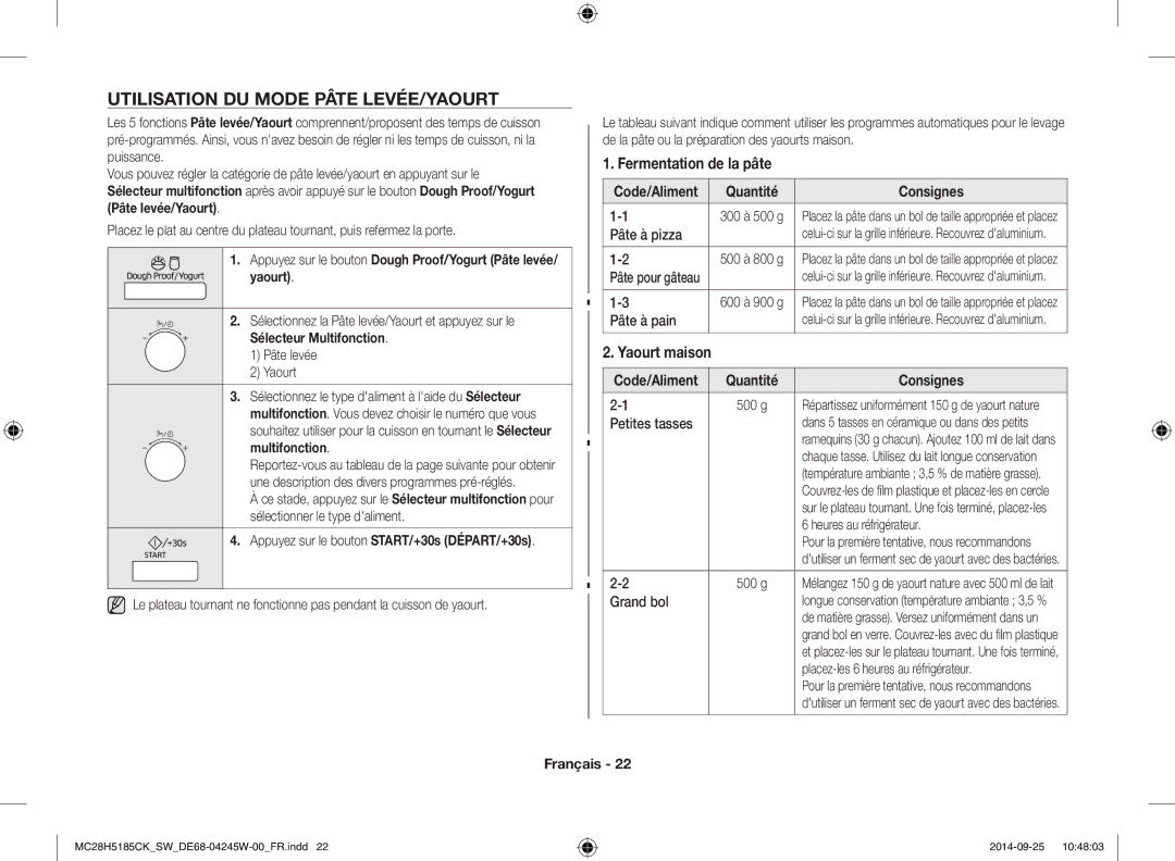 Samsung MC28H5185CK/SW manual Utilisation DU Mode Pâte LEVÉE/YAOURT, Fermentation de la pâte, Yaourt maison 