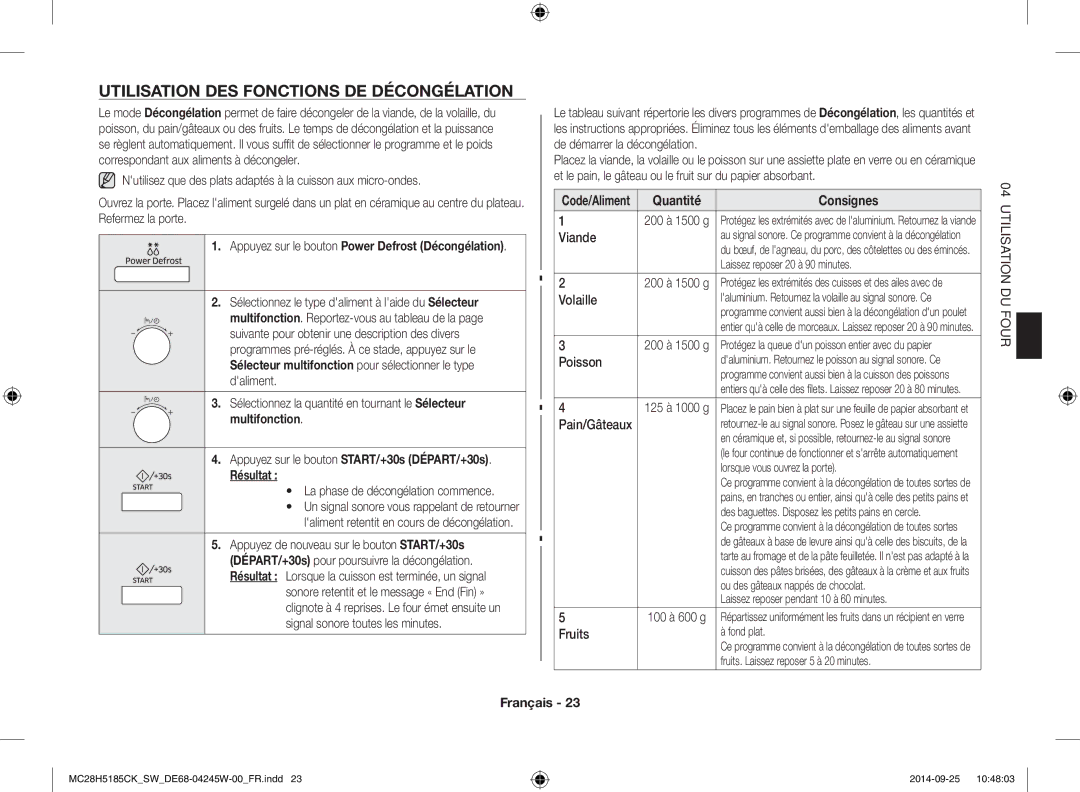 Samsung MC28H5185CK/SW Utilisation DES Fonctions DE Décongélation, Appuyez sur le bouton START/+30s DÉPART/+30s Résultat 