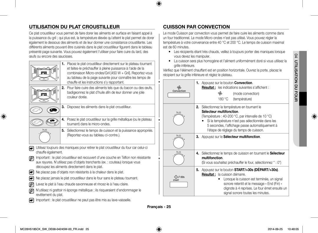 Samsung MC28H5185CK/SW manual Utilisation DU Plat Croustilleur Cuisson PAR Convection, Sélecteur multifonction 