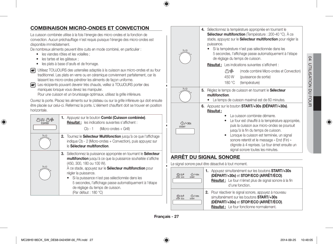 Samsung MC28H5185CK/SW manual Combinaison MICRO-ONDES ET Convection, Arrêt DU Signal Sonore, La cuisson combinée démarre 