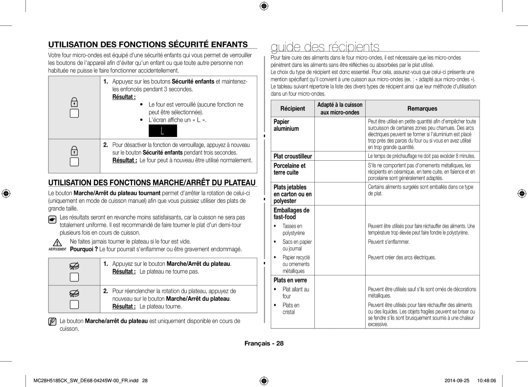 Samsung MC28H5185CK/SW manual Guide des récipients, Utilisation DES Fonctions Sécurité Enfants 