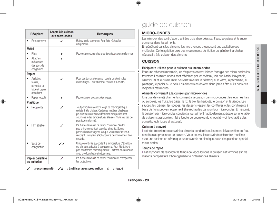 Samsung MC28H5185CK/SW manual Guide de cuisson, Micro-Ondes, Cuisson 