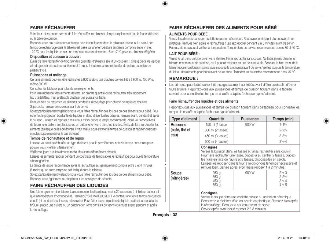 Samsung MC28H5185CK/SW manual Faire Réchauffer DES Liquides, Faire Réchauffer DES Aliments Pour Bébé, Remarque 