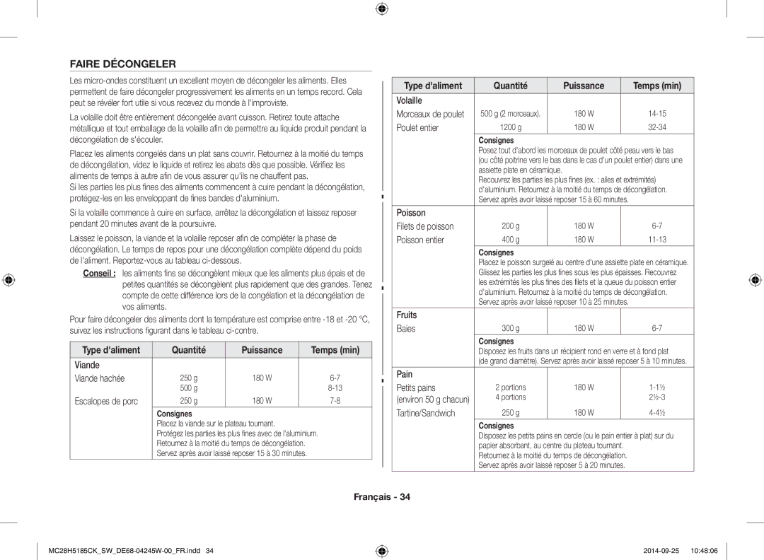 Samsung MC28H5185CK/SW manual Faire Décongeler 