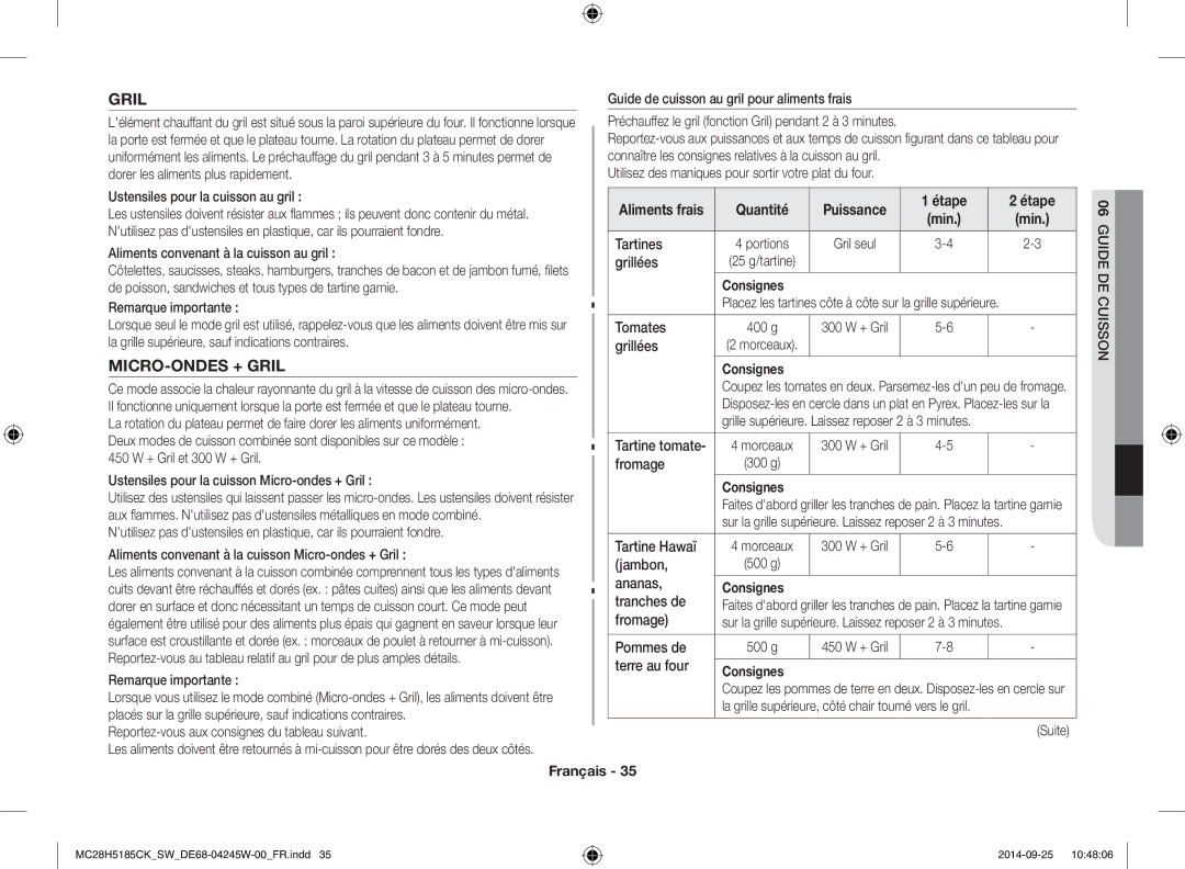 Samsung MC28H5185CK/SW manual MICRO-ONDES + Gril, Quantité Puissance Étape 