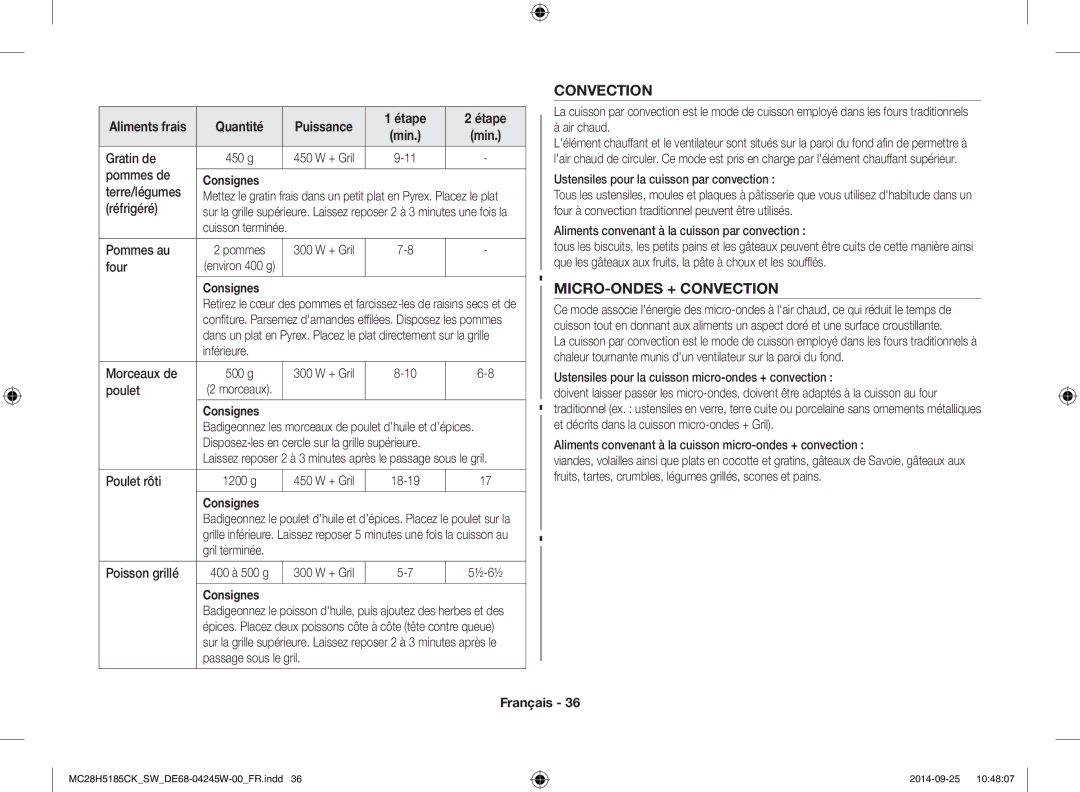 Samsung MC28H5185CK/SW manual MICRO-ONDES + Convection 