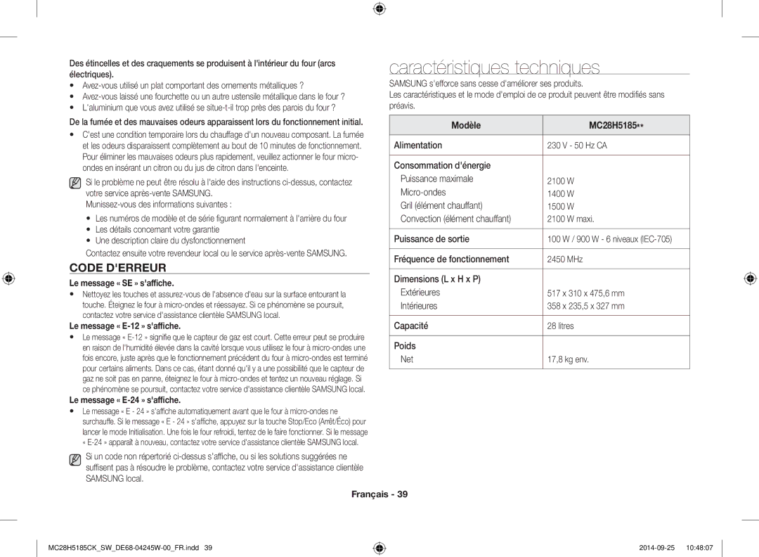 Samsung MC28H5185CK/SW manual Caractéristiques techniques, Code Derreur 