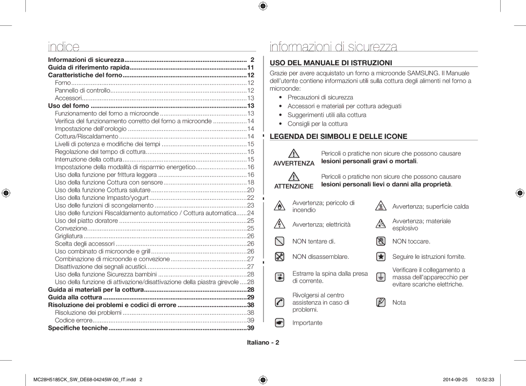 Samsung MC28H5185CK/SW manual Informazioni di sicurezza, USO DEL Manuale DI Istruzioni, Avvertenza Attenzione, Italiano 