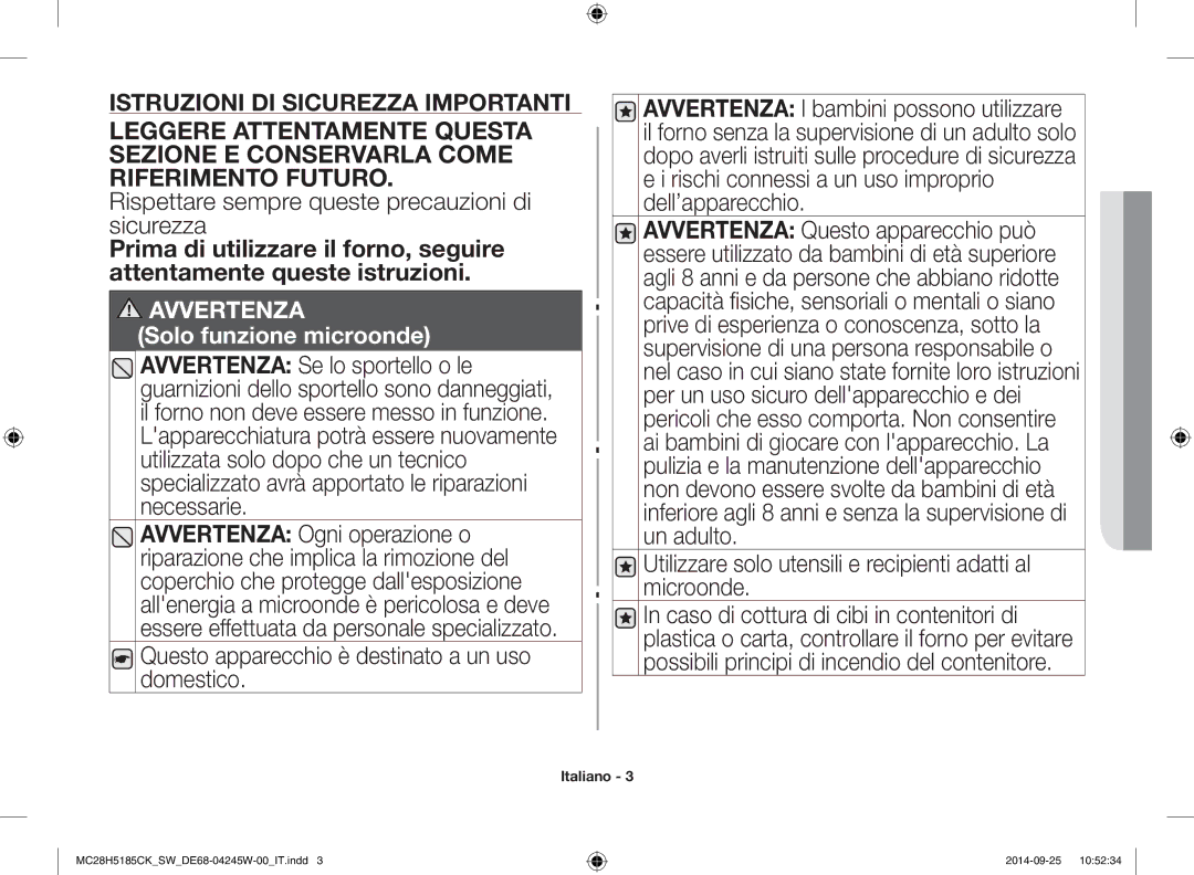 Samsung MC28H5185CK/SW manual Rispettare sempre queste precauzioni di sicurezza, 01INFORMAZIONI DI Sicurezza 