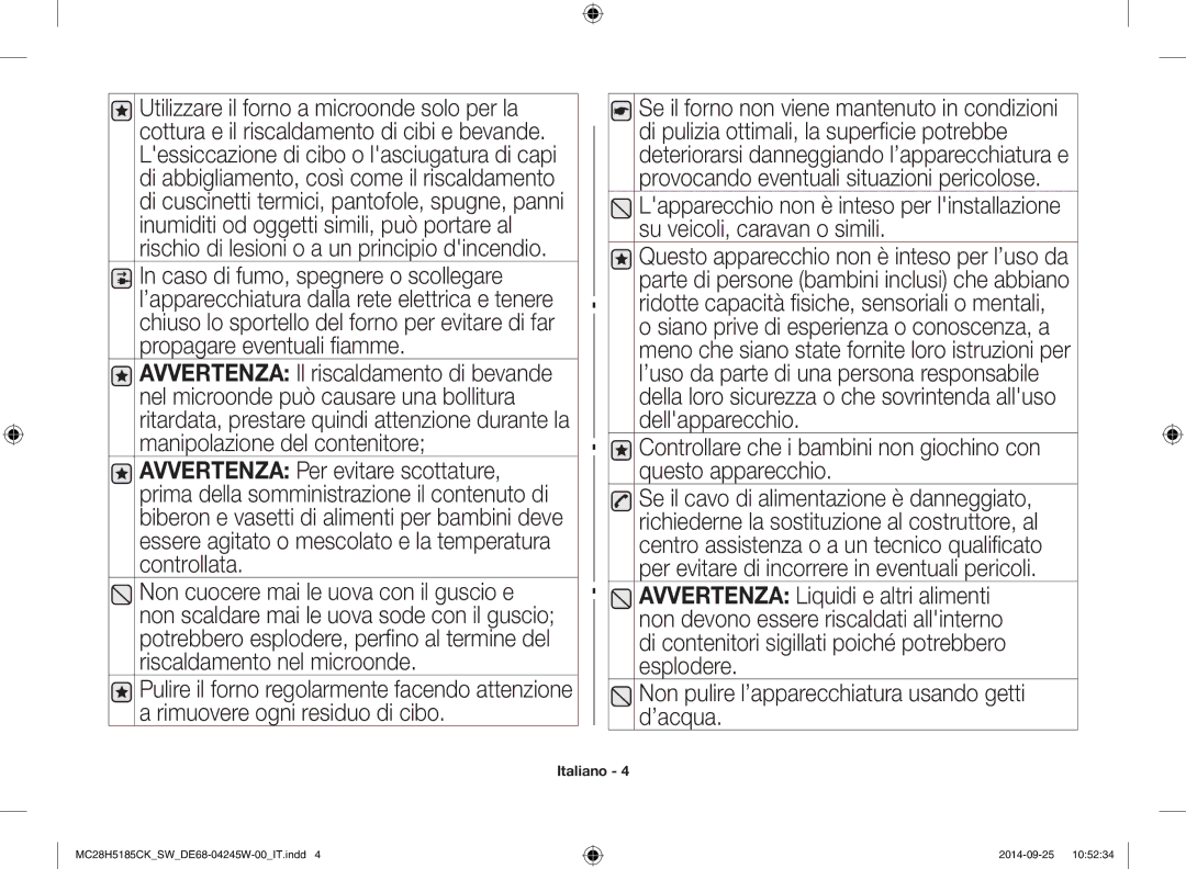 Samsung MC28H5185CK/SW manual Italiano 