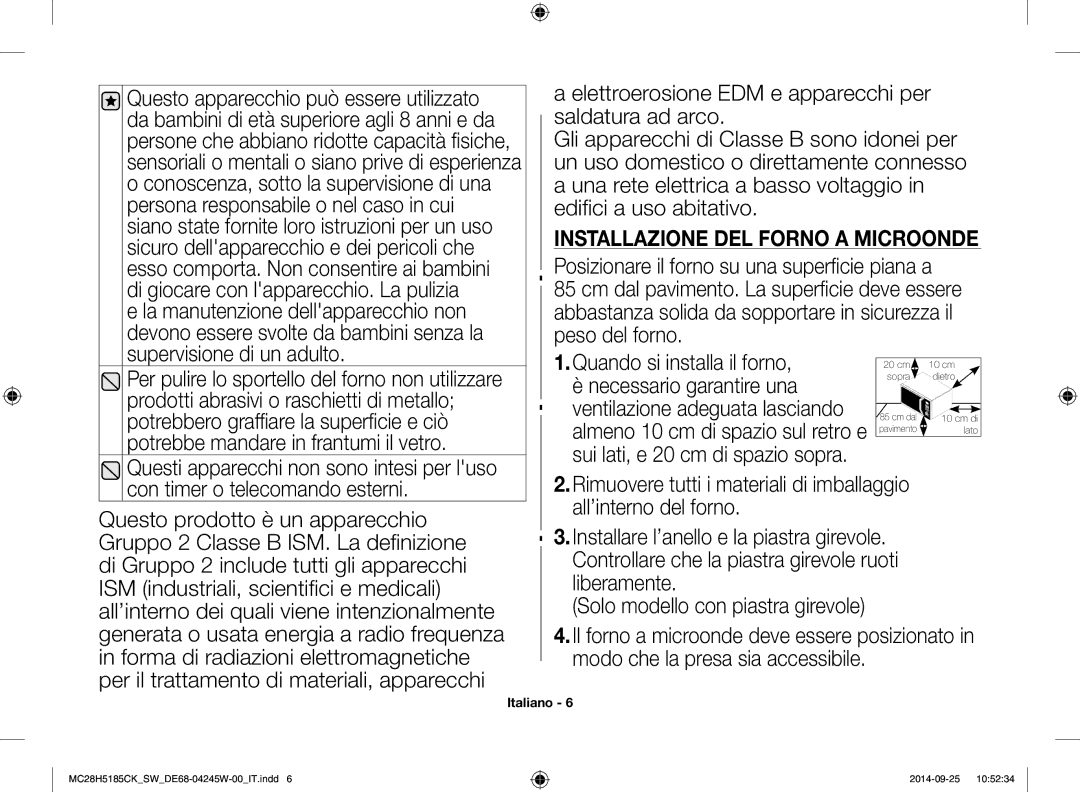 Samsung MC28H5185CK/SW manual Installazione DEL Forno a Microonde, Con timer o telecomando esterni 