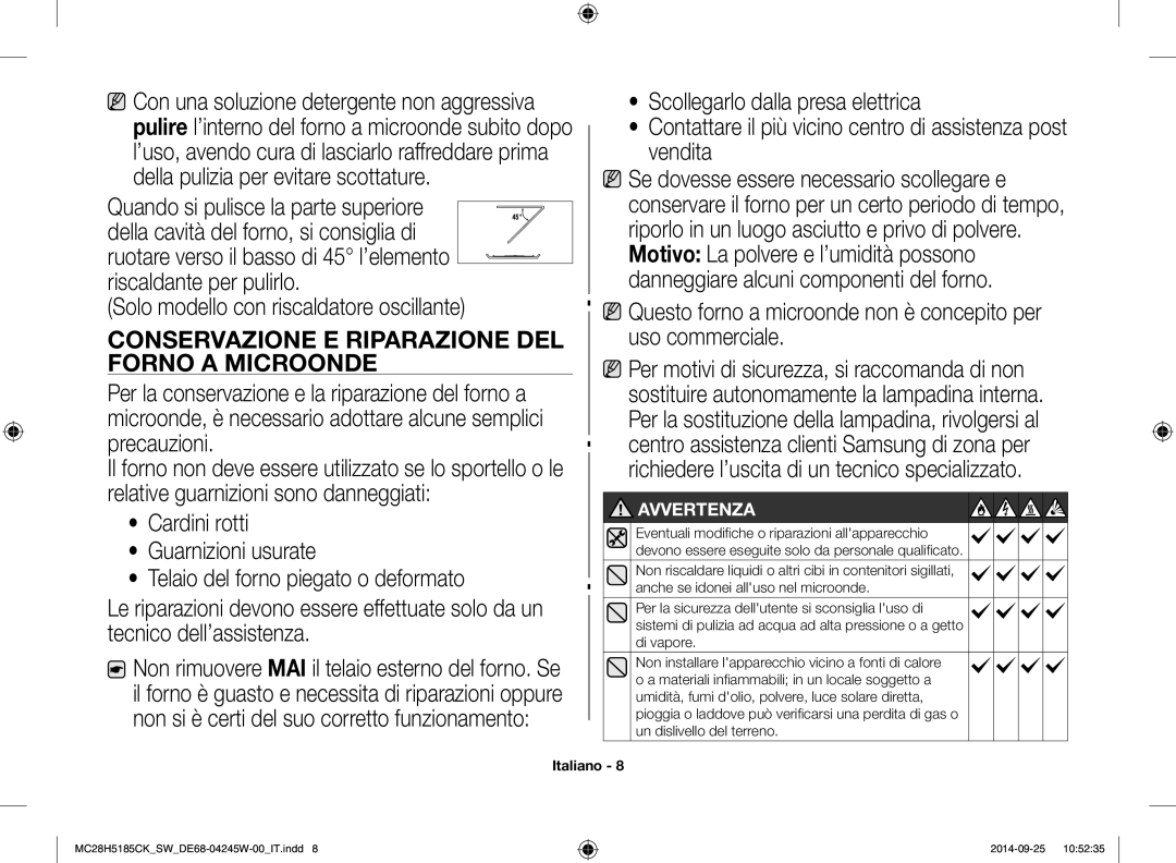 Samsung MC28H5185CK/SW manual Conservazione E Riparazione DEL, Forno a Microonde 