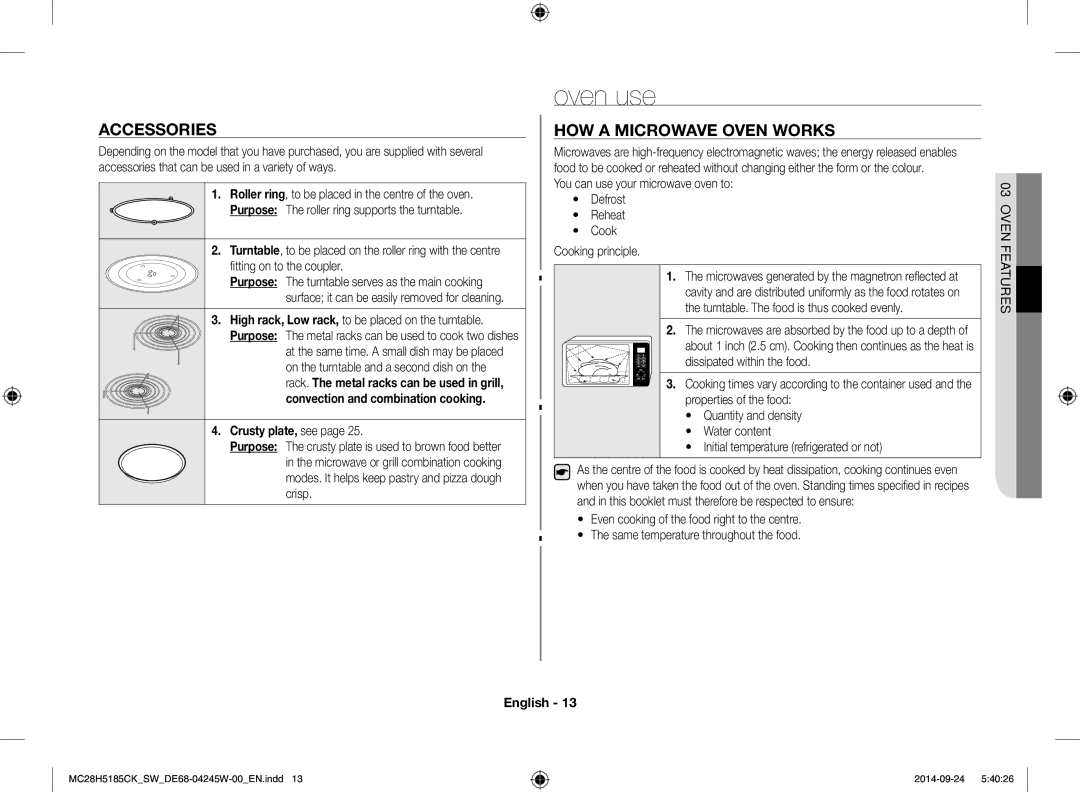 Samsung MC28H5185CK/SW manual Oven use, Accessories, HOW a Microwave Oven Works, Crusty plate, see, OVEN03 Features 