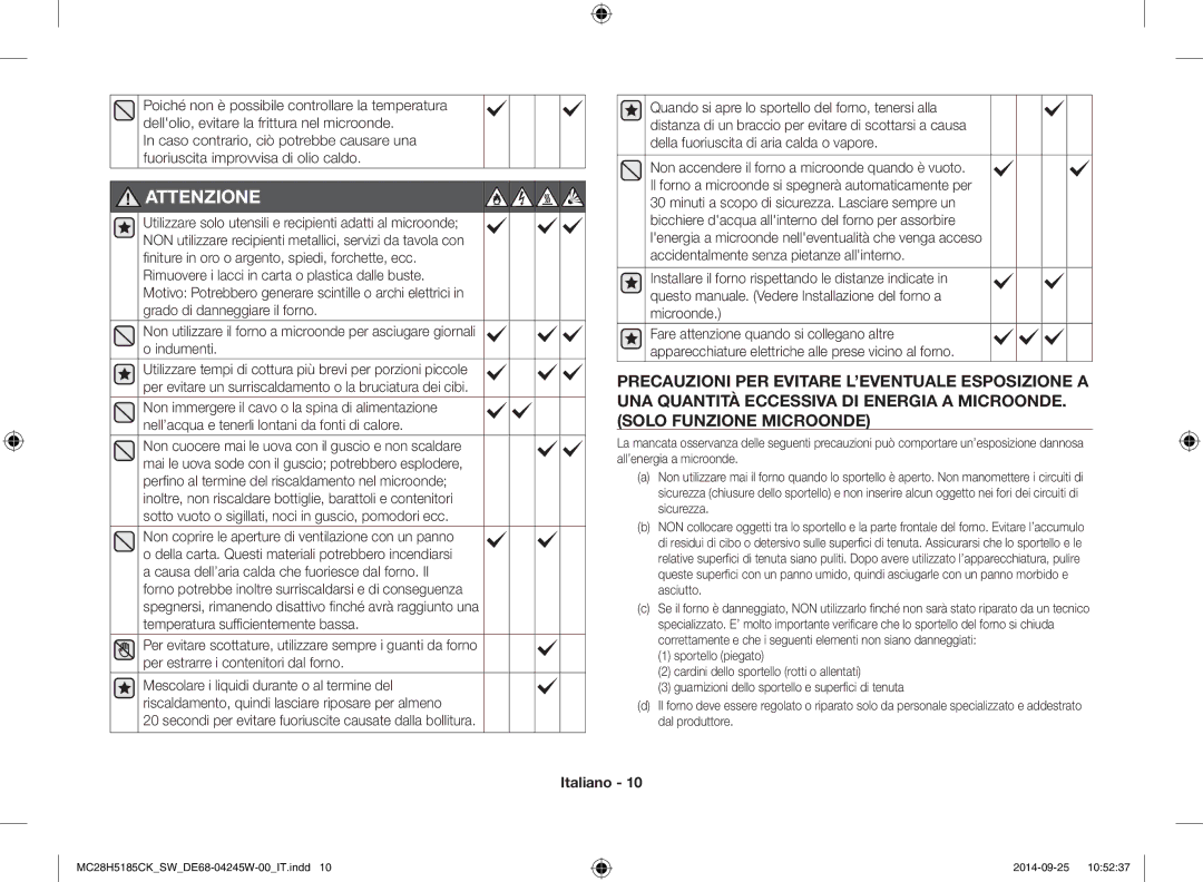 Samsung MC28H5185CK/SW manual Attenzione, Secondi per evitare fuoriuscite causate dalla bollitura 