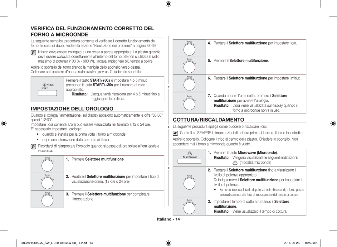 Samsung MC28H5185CK/SW manual Verifica DEL Funzionamento Corretto DEL Forno a Microonde, Impostazione Dellorologio 