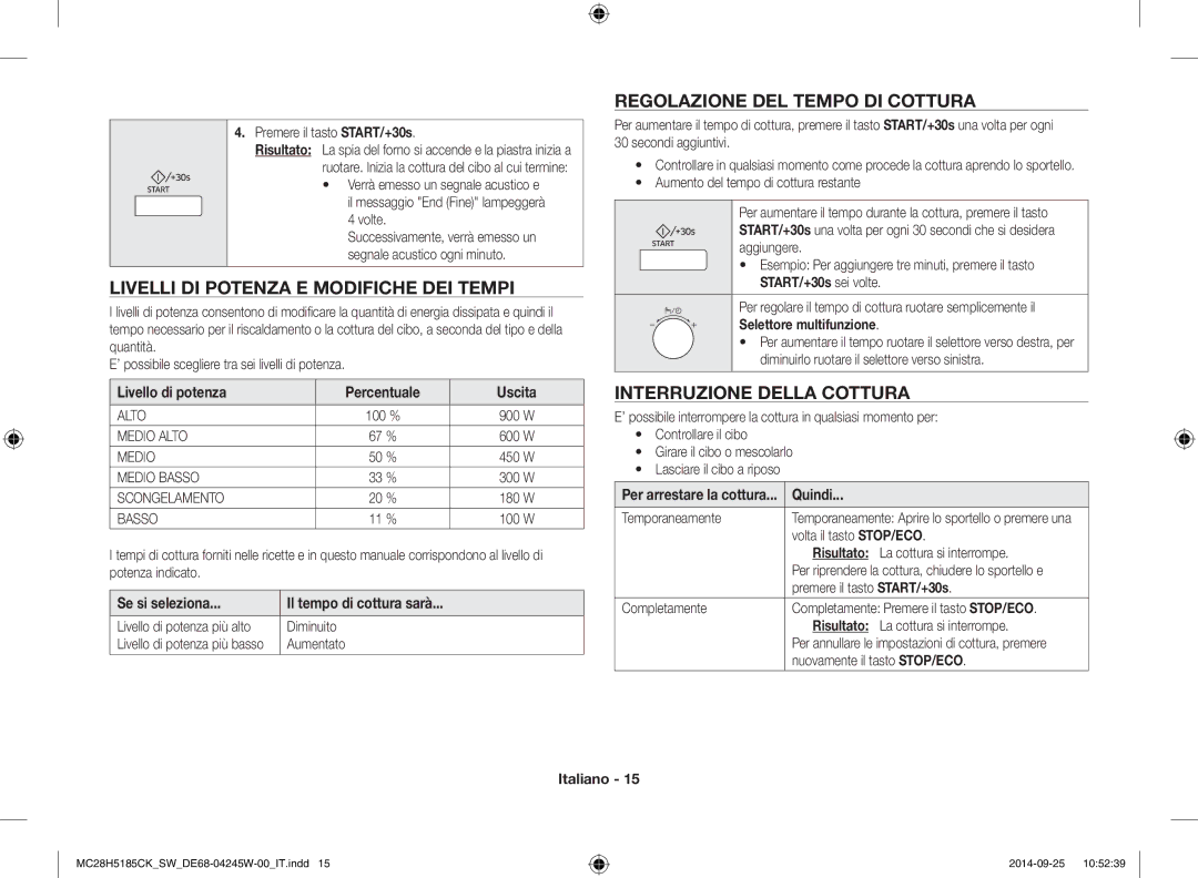 Samsung MC28H5185CK/SW manual Livelli DI Potenza E Modifiche DEI Tempi, Regolazione DEL Tempo DI Cottura 