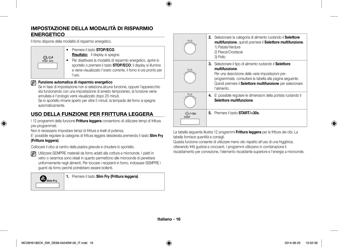 Samsung MC28H5185CK/SW manual Impostazione Della Modalità DI Risparmio Energetico, USO Della Funzione PER Frittura Leggera 