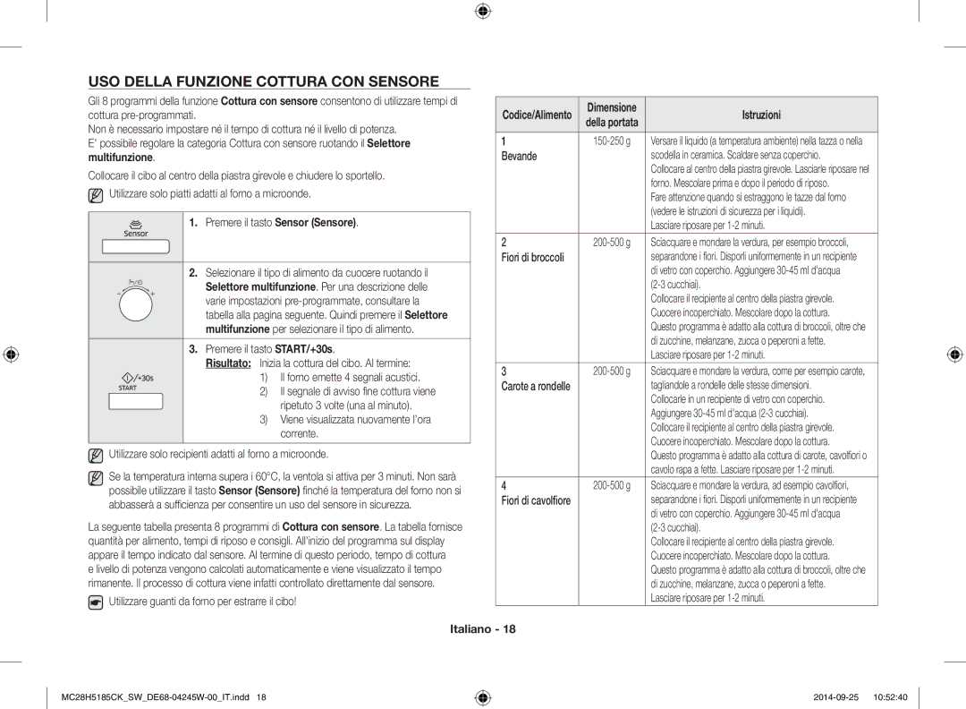 Samsung MC28H5185CK/SW manual USO Della Funzione Cottura CON Sensore, Premere il tasto Sensor Sensore 