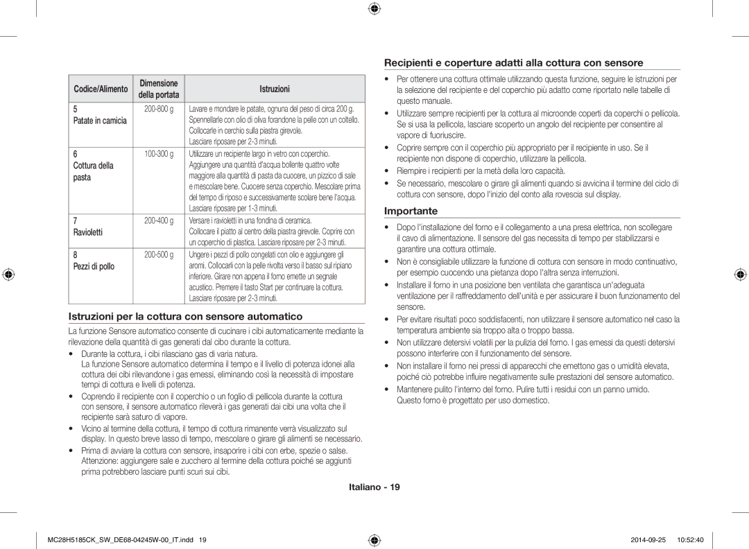 Samsung MC28H5185CK/SW manual Istruzioni per la cottura con sensore automatico, Importante 