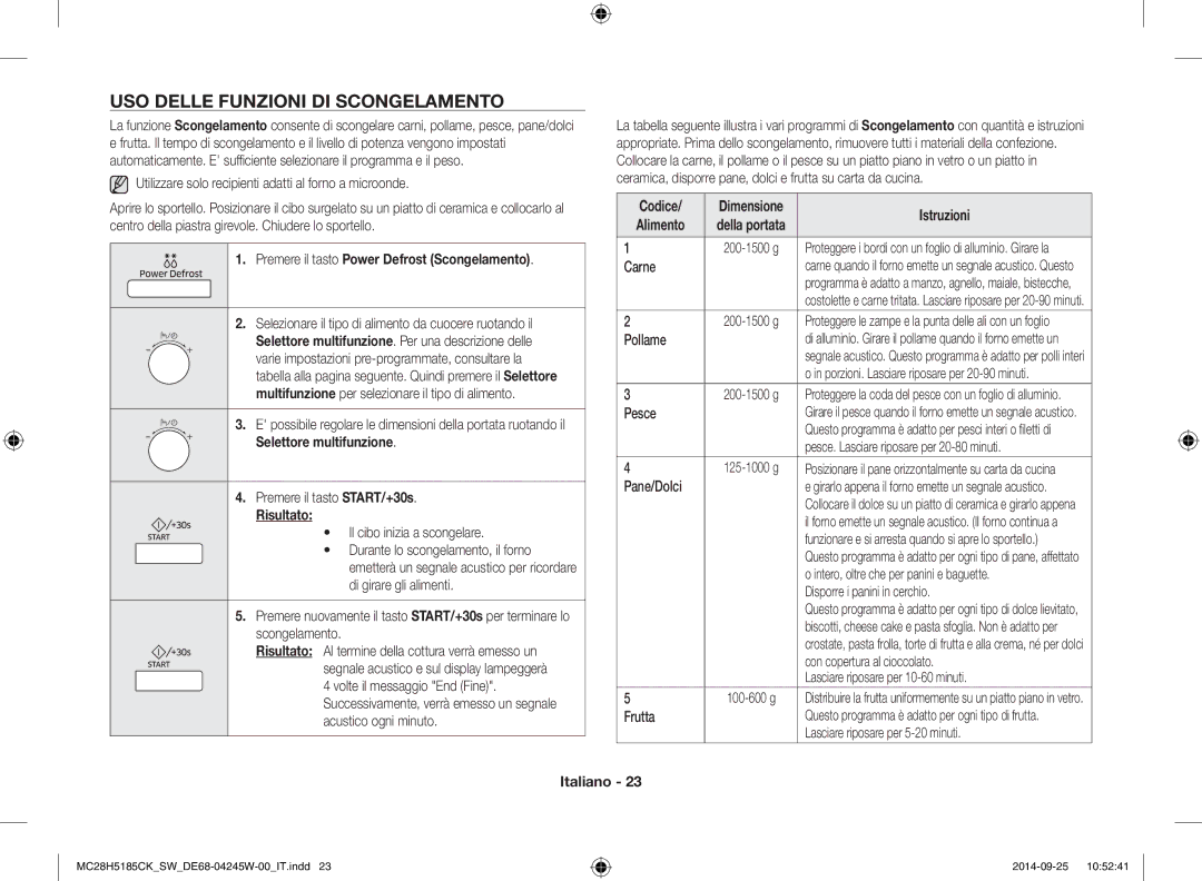 Samsung MC28H5185CK/SW manual USO Delle Funzioni DI Scongelamento, Premere il tasto Power Defrost Scongelamento, Risultato 