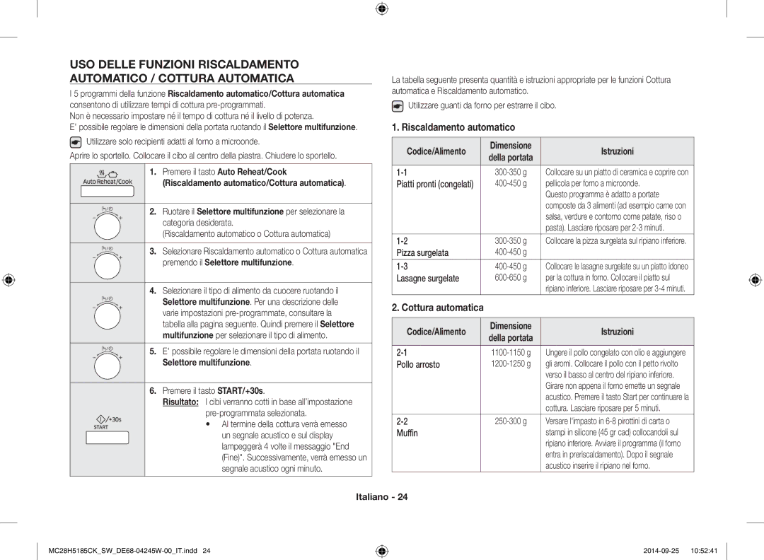 Samsung MC28H5185CK/SW manual Riscaldamento automatico, Cottura automatica 