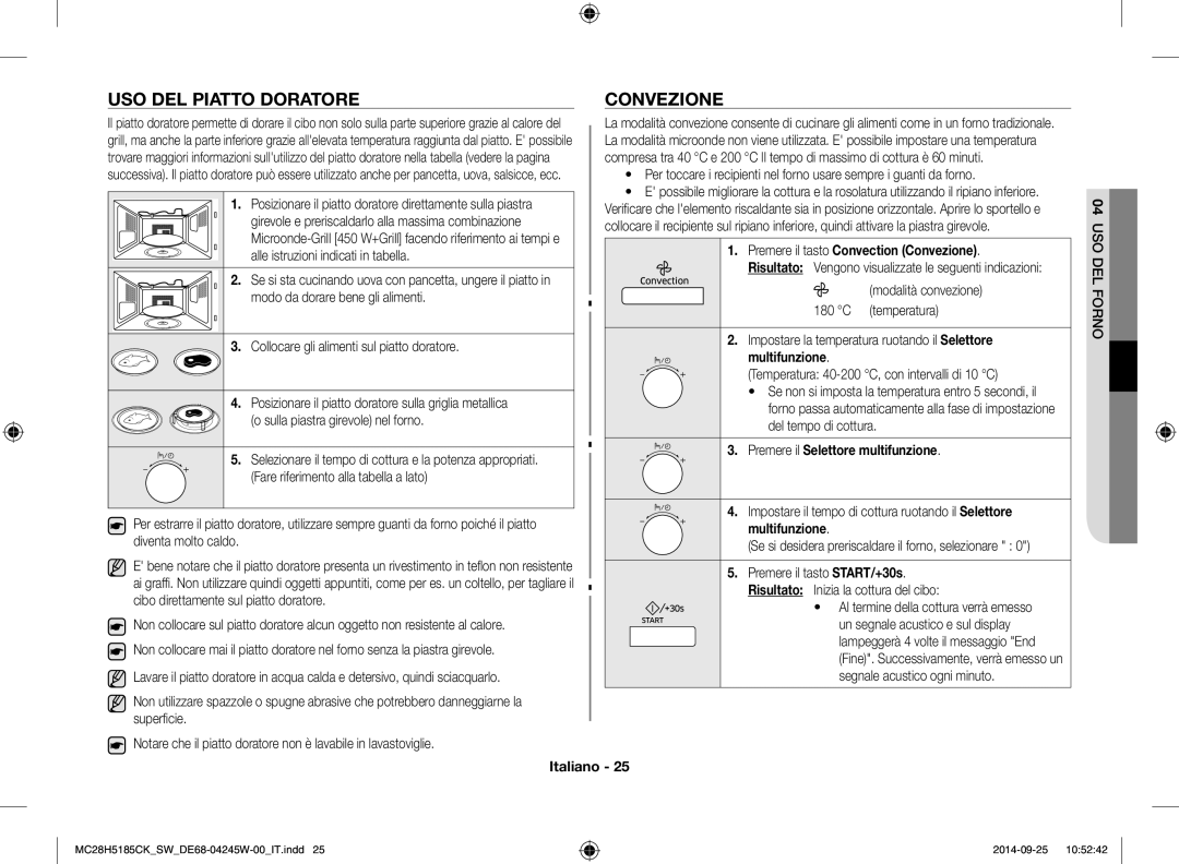 Samsung MC28H5185CK/SW manual USO DEL Piatto Doratore Convezione, Premere il tasto Convection Convezione 