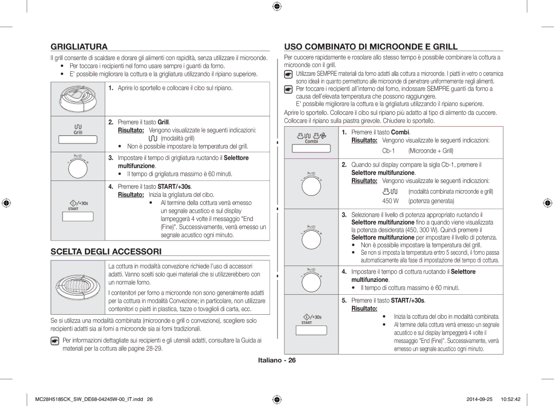 Samsung MC28H5185CK/SW manual Grigliatura, Scelta Degli Accessori, USO Combinato DI Microonde E Grill 