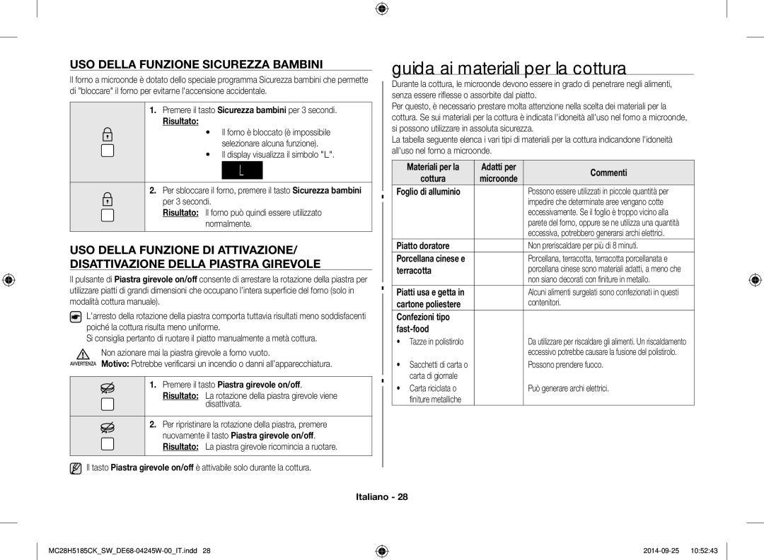 Samsung MC28H5185CK/SW manual Guida ai materiali per la cottura, USO Della Funzione Sicurezza Bambini 