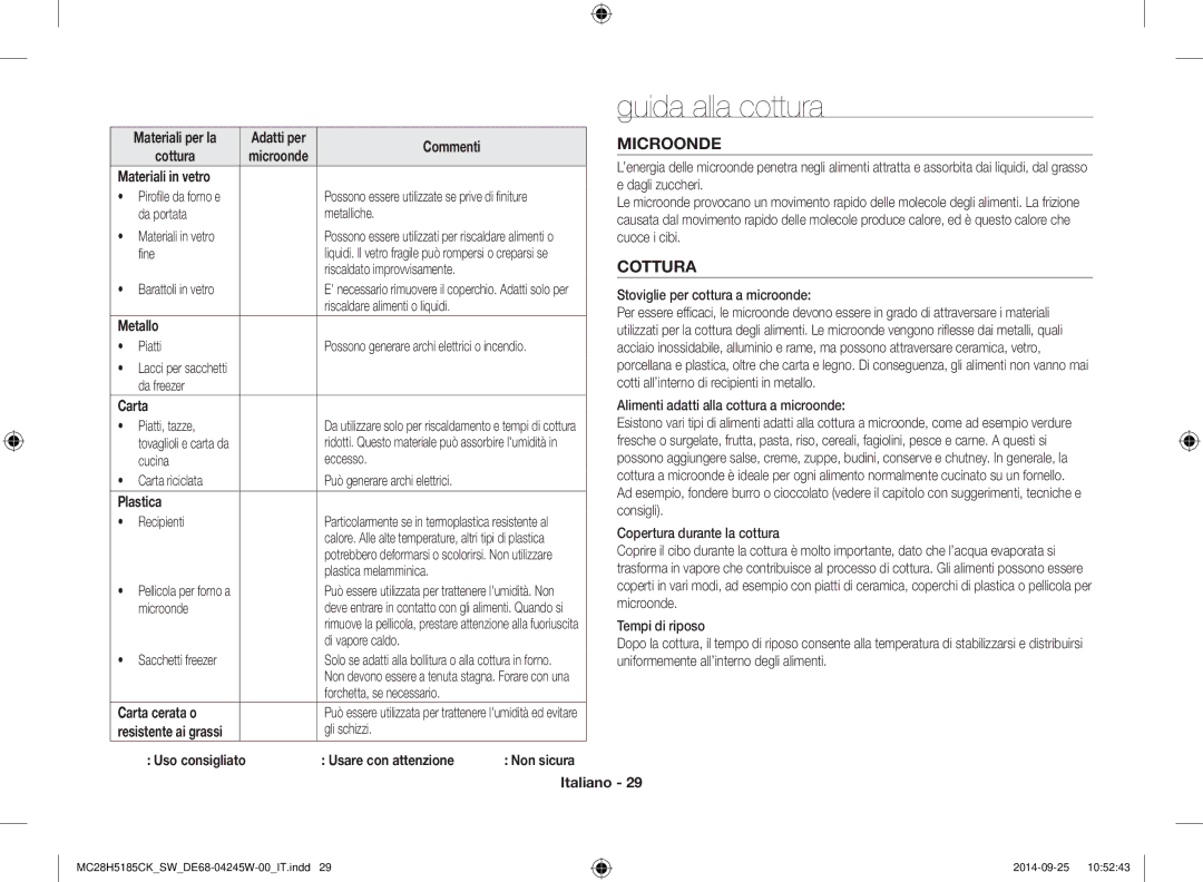 Samsung MC28H5185CK/SW manual Guida alla cottura, Microonde, Cottura 