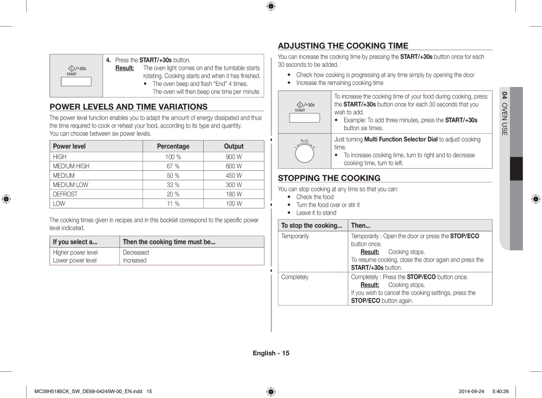 Samsung MC28H5185CK/SW manual Power Levels and Time Variations, Adjusting the Cooking Time, Stopping the Cooking 