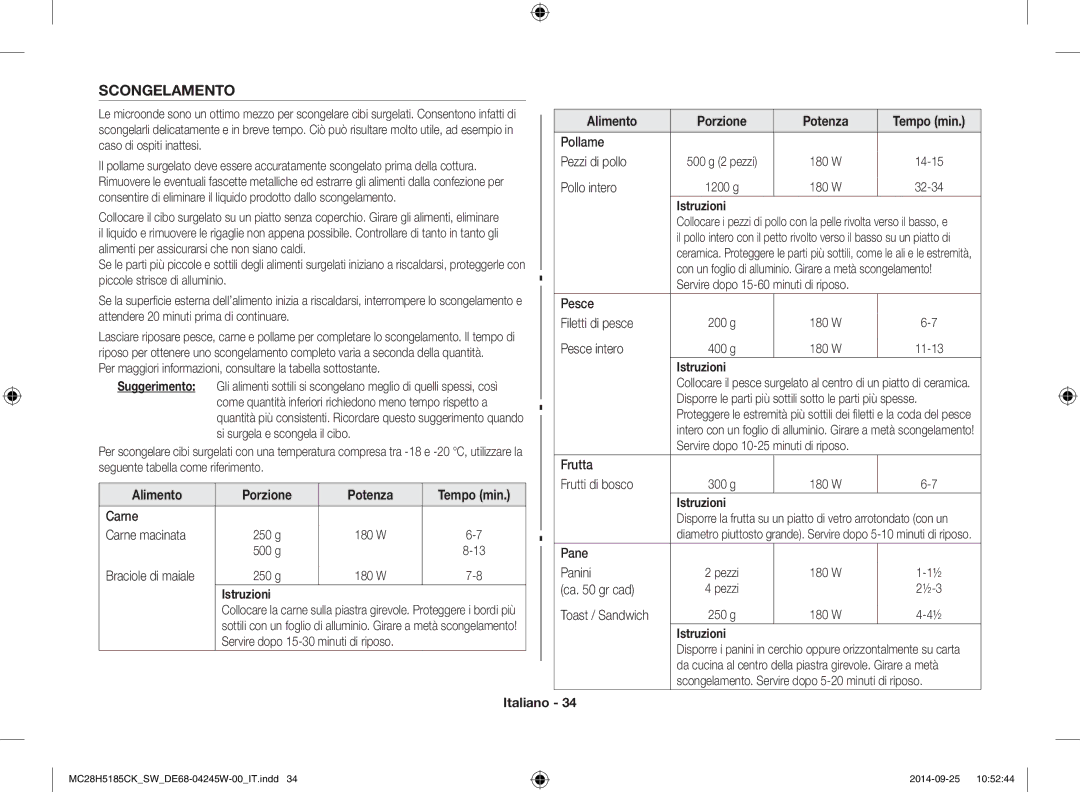 Samsung MC28H5185CK/SW manual Scongelamento 