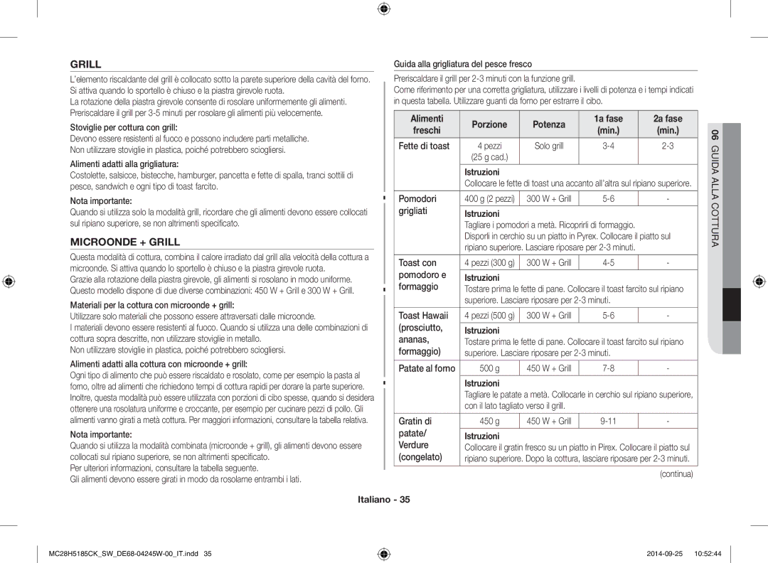 Samsung MC28H5185CK/SW manual Microonde + Grill, Alimenti Porzione Potenza 1a fase 2a fase Freschi 