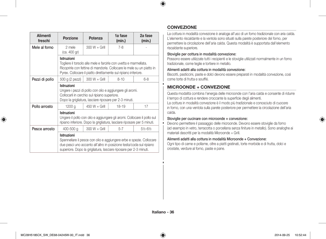 Samsung MC28H5185CK/SW manual Microonde + Convezione, Mele al forno, Collocarli in cerchio sul ripiano superiore 