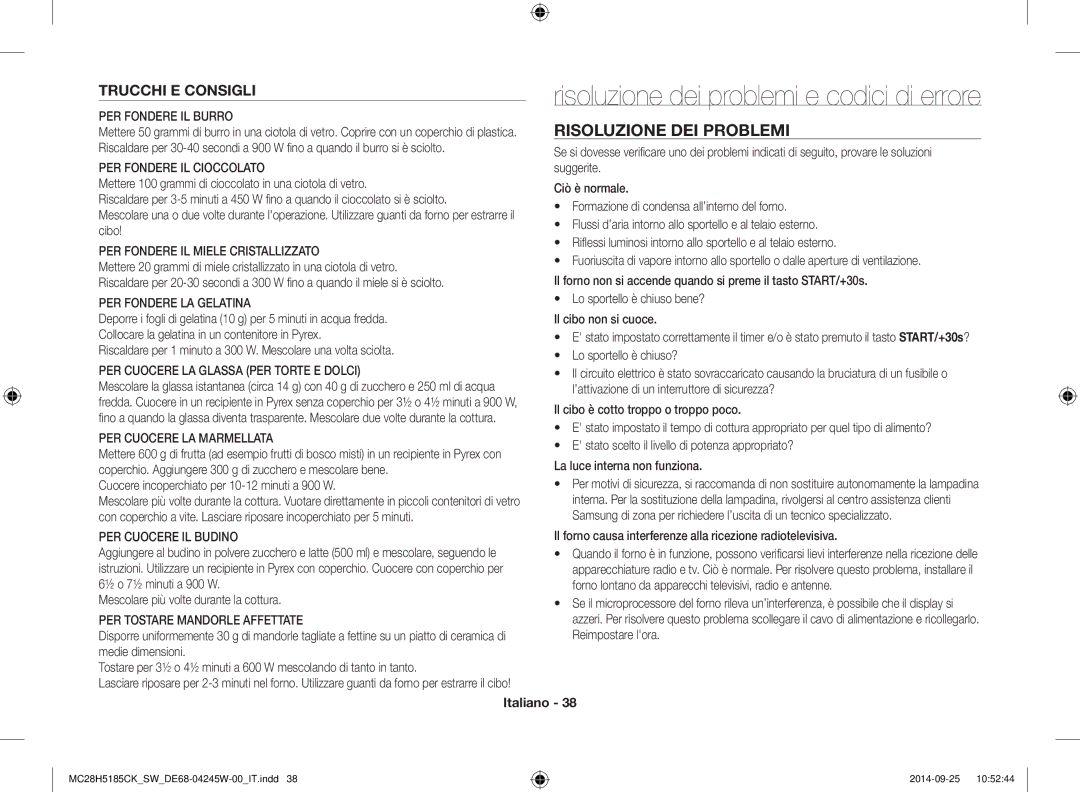 Samsung MC28H5185CK/SW manual Risoluzione dei problemi e codici di errore, Risoluzione DEI Problemi, Trucchi E Consigli 