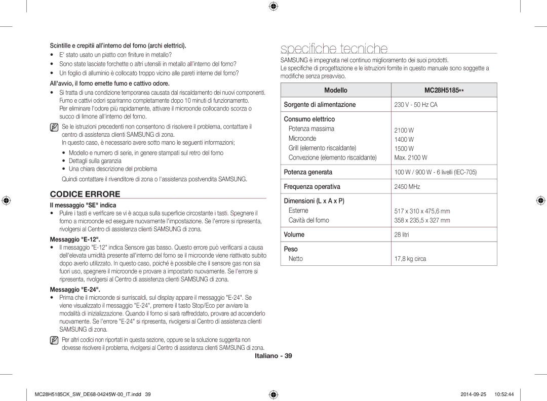 Samsung MC28H5185CK/SW manual Specifiche tecniche, Codice Errore 