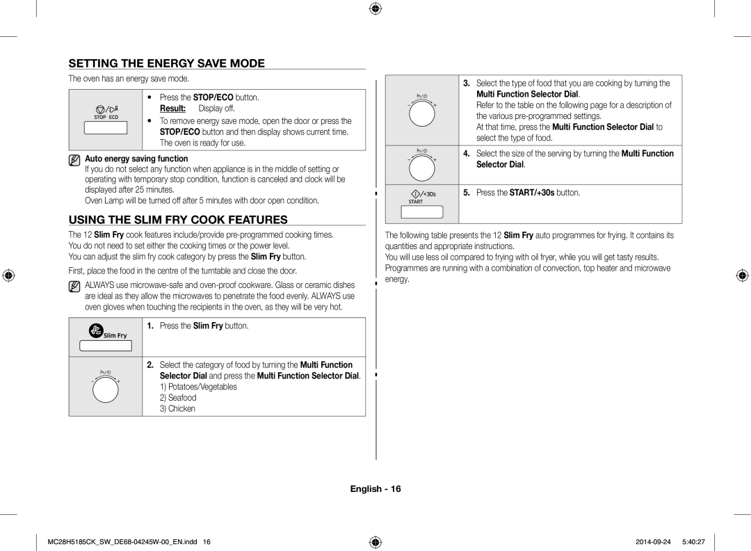 Samsung MC28H5185CK/SW manual Setting the Energy Save Mode, Using the Slim FRY Cook Features, Auto energy saving function 